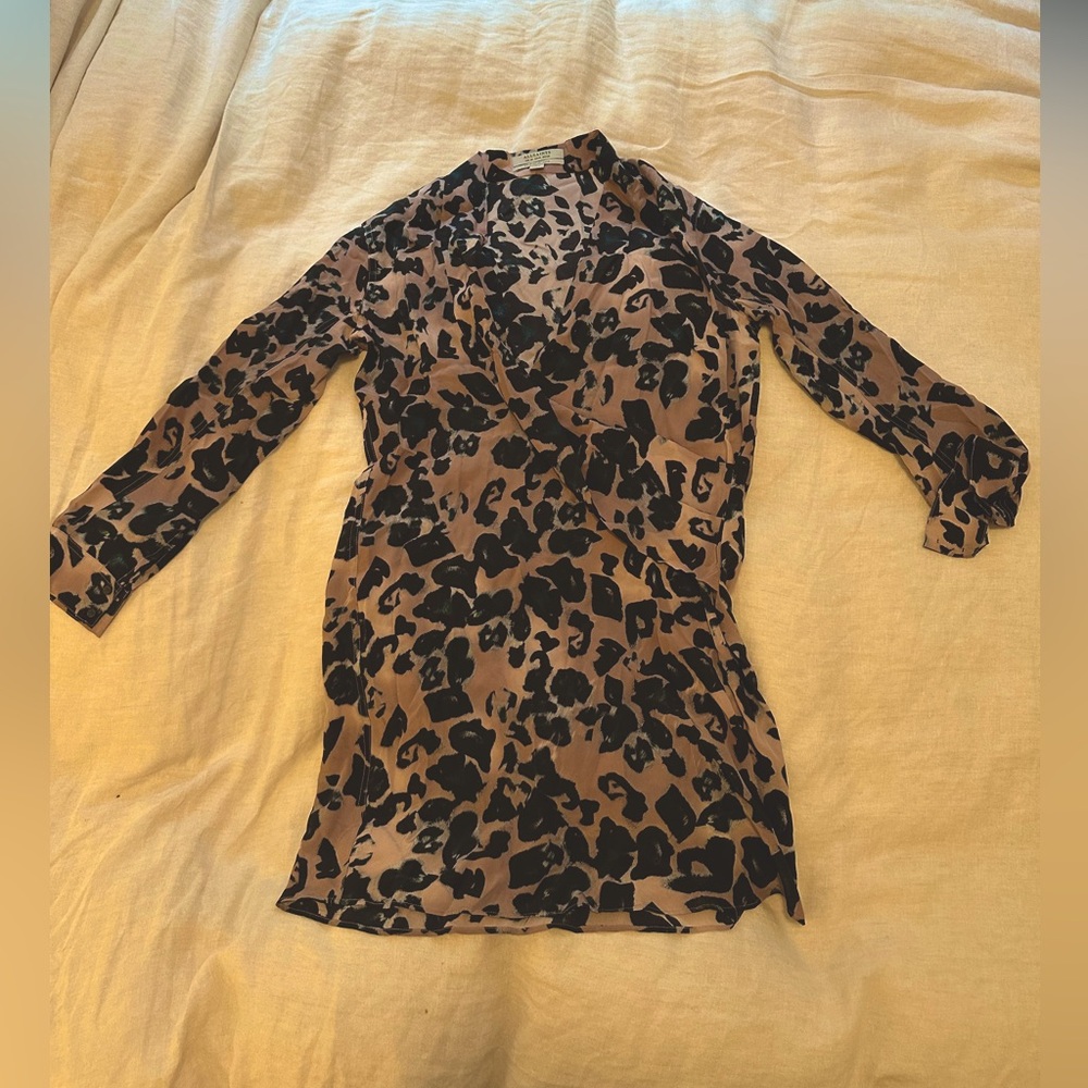 All Saints Pink Leopard Print Silk Longsleeve Dress with plunging neckline